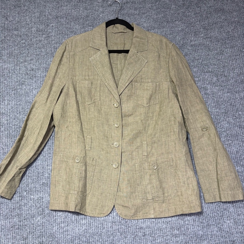 Gerry Weber Women 14 Olive Green 100% Linen Safari Utility Blazer Jacket Coat